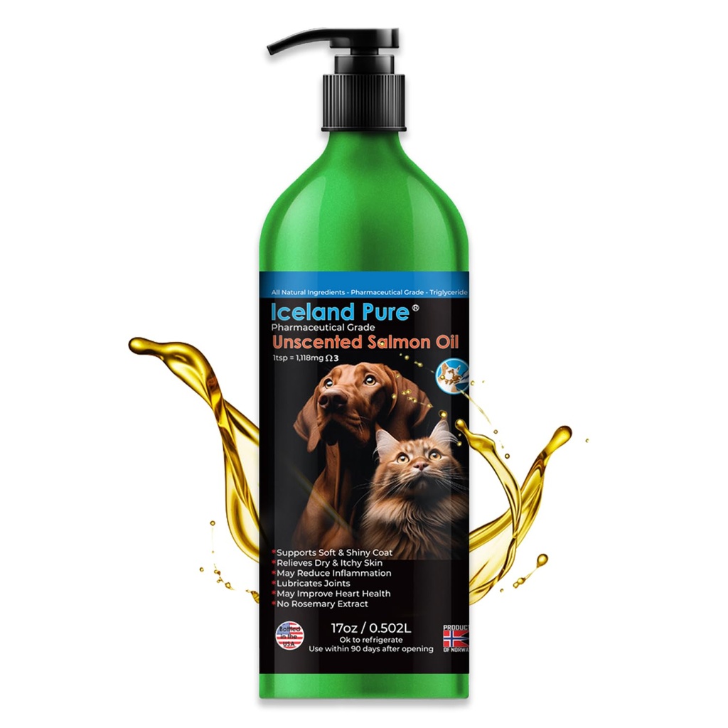 Island reines Lachsöl | Unscented Pharmaceutical Grade | 1118mg Omega-3 pro Teelöffel | Flüssige Nahrungsergänzungsmittel für Hunde und Katzen | BPA-freie gebürstete Aluminium Epoxy beschichtete Flasche mit Pumpe 17oz