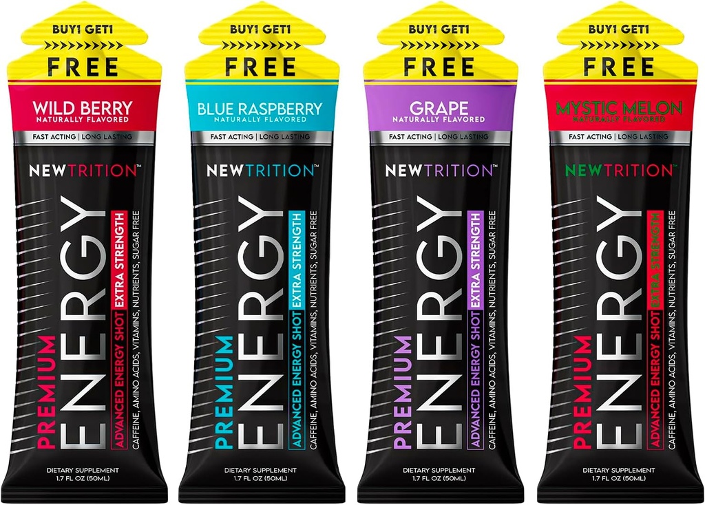 NewTrition® Extra Strength Energy Shots, 250mg Koffein Energie mit Vitamin B & Aminosäuren, Sugar-Free Vitamin Energy Shot, Zero Calorie Focus & Stamina Booster, 1.7 fl oz (Pack mit 4, 4 Flavors-Mixed-1)