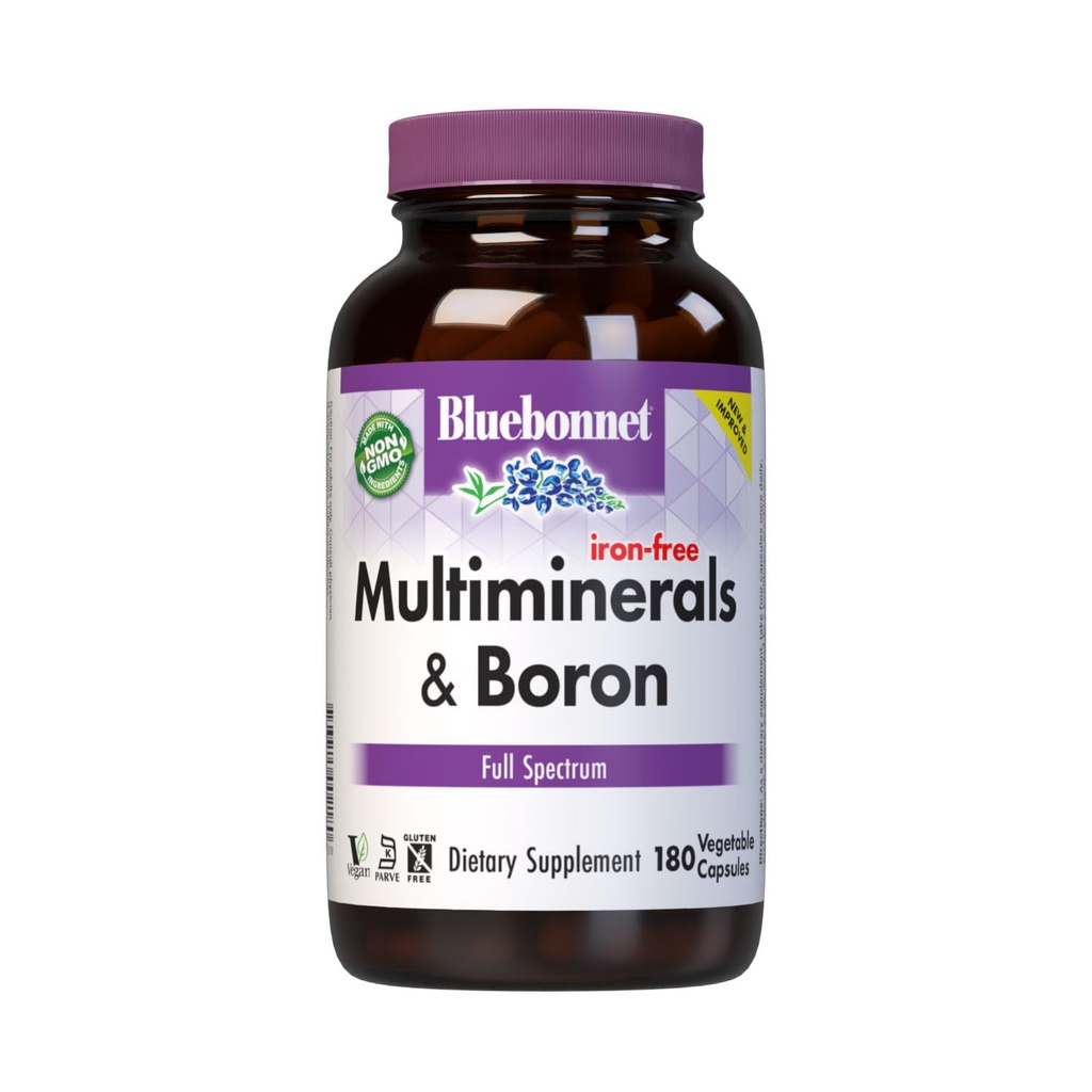 Bluebonnet Multi Minerals Supplement Plus Boron Chelat Magnesium Kalium Kupfer Selen-Mangan-Chrom- & Zink-Komplex für Damen und Herren - No Iron, Non-GMO, Gluten-Free - 180 Gemüse Kapseln
