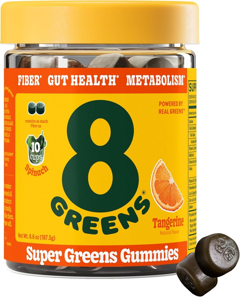 8Greens Fiber Super Greens Gummies | Fiber, Gut Health, Stoffwechsel. Verdauungs-Gesundheit, Boost Immunsystem & Verdauungs-Gesundheit mit 8 echten Grünen - Non-GMO-Formel, Gummy, Tangerine Flavor, 50 Count