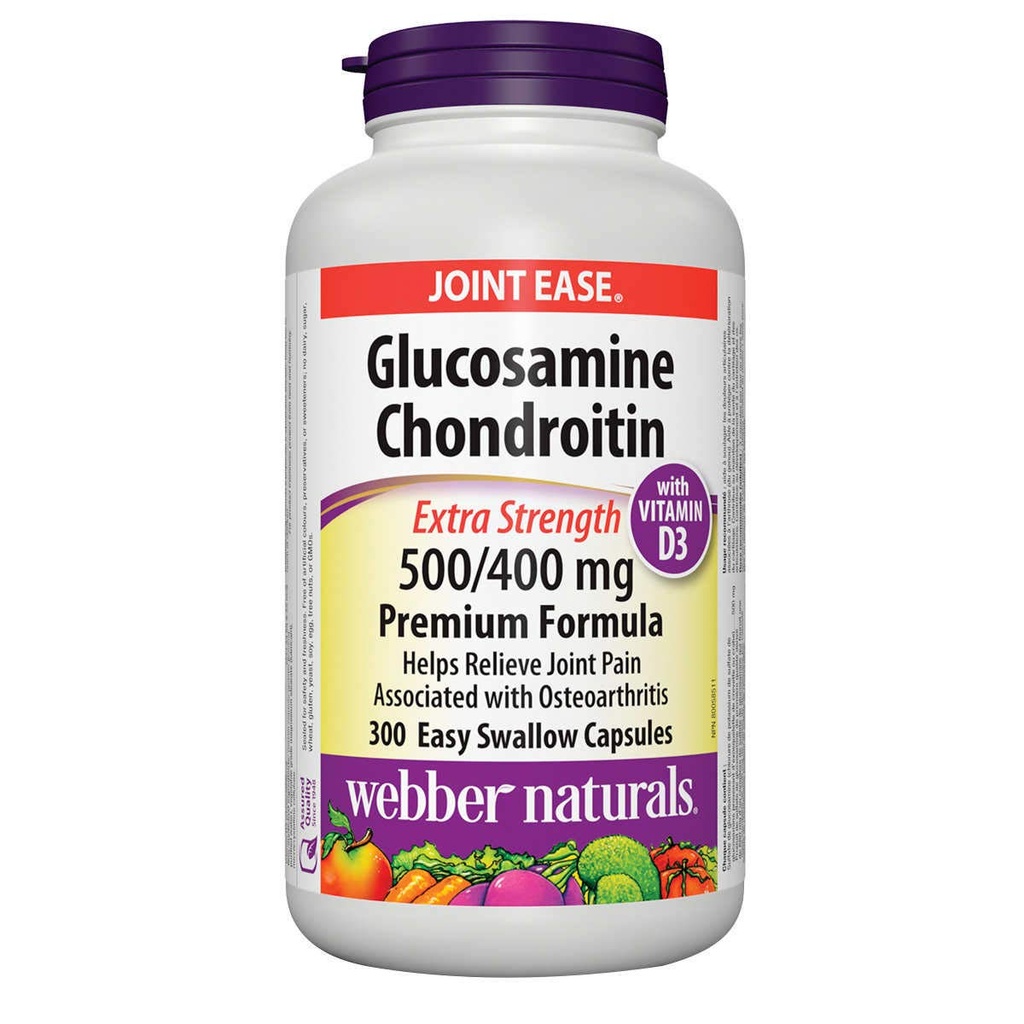 Webber Naturals Glucosamin Chondroitin mit Vitamin D3, extra Stärke, 500/400 mg, Premium Formel, 300 Einfache Schluckkapseln