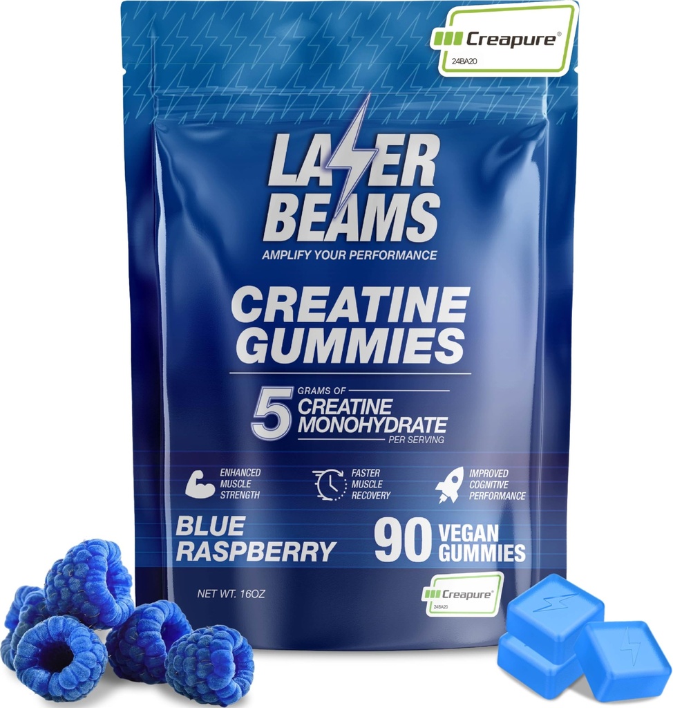Kreatin Monohydrat-Gummi für Frauen & Men- 5g Creapure Creatine per Servieren - Vegan, Blue Raspberry Flavor - Boost Muscle Strength, Endurance, Recovery & Mental Focus (90 Gummi)