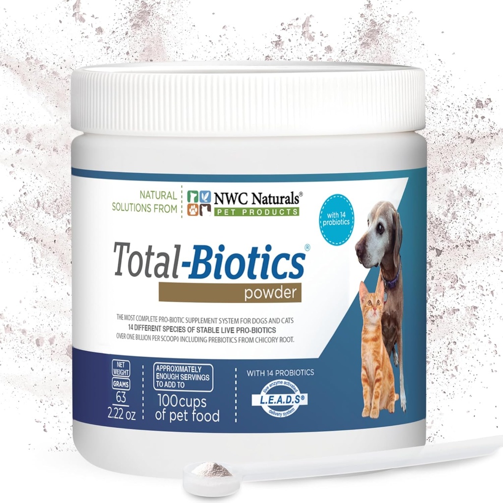 NWC Naturals Total-Biotics, Cat & Dog Probiotics for Digestive Health with Prebiotic, Unflavored Probiotic for Dogs & Cats, Supplement für Gut, Haut, Mantel, Stomach Relief, 100 Servierungen, 2.22 Unzen