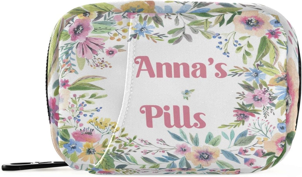 Custom Pill Box 7 Day Pill Case Bag Fleur d'aquarelle Nom personnalisé Travel Pill Organizer Bag with Zipper Portable Weekly Case Compact Size for Vitamin Supplement Holder