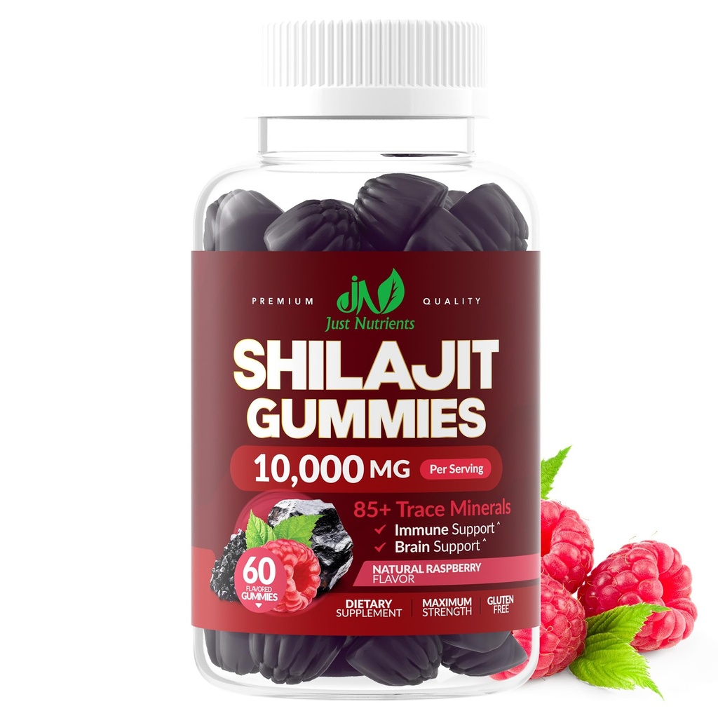 Shilajit Gummies 10.000mg für Männer und Frauen - Maximale Stärke Pure Himalayan Shilajit, Glutenfrei, Non-GMO, 100% Vegetarisch - Natürliche Himbeere Geschmack - 60 Count