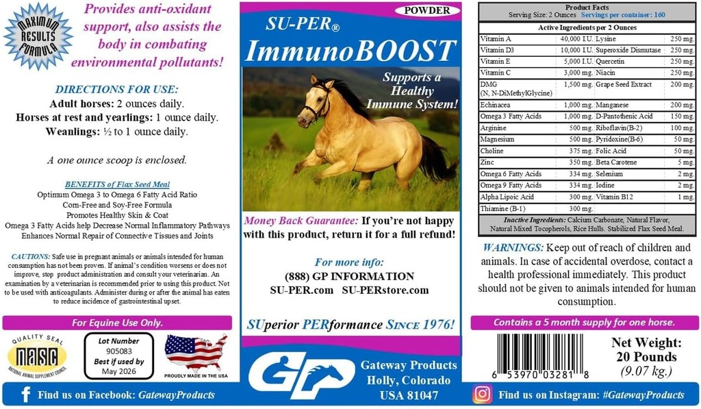 SUPER ImmunoBOOST Horse Anti-Oxidant Supplément - Supporte Système immunitaire et carences nutritionnelles - Vitamines E & C, Extrait de graines de raisin, Extraits de plantes - 20 livres, 5 mois d'approvisionnement