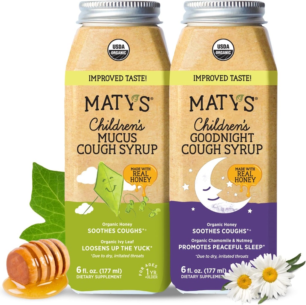 Matys Organic Kids Cough Syrup Mucus & Nighttime Value Pack pour les enfants 1 an + haut, apaisant tout-en-un Toux et de soulagement mucus w/Zinc & Organic Ivy Leaf, Melatonine & Sans colorant, 2 Pack, 6 Fl Oz Chaque