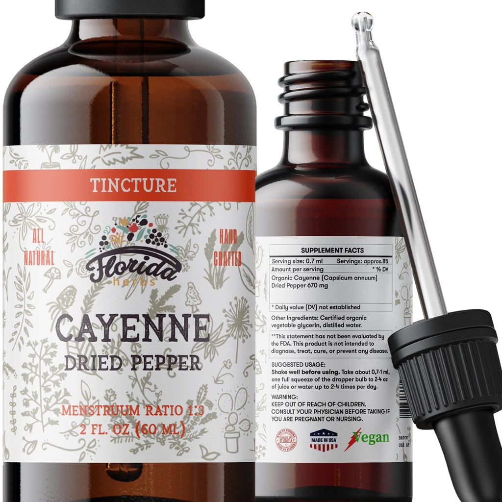 Extrait de teinture de Cayenne, Cayenne biologique (Capsicum annuum) Poivre séché - Glycérine végétale - Non-OGM - 2 oz