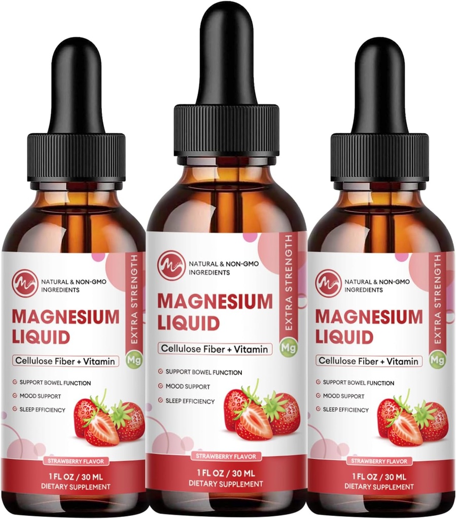 (3 Pack) Magnesium Glycinat Flüssigkeitstropfen, Hohe Absorption Magnesium Flüssigkeit mit Bromelain, Vitamin B6 C D, Magnesium Ergänzung für Kinder und Erwachsene, Nacht & Muskelunterstützung, Erdbeer-Flaschen