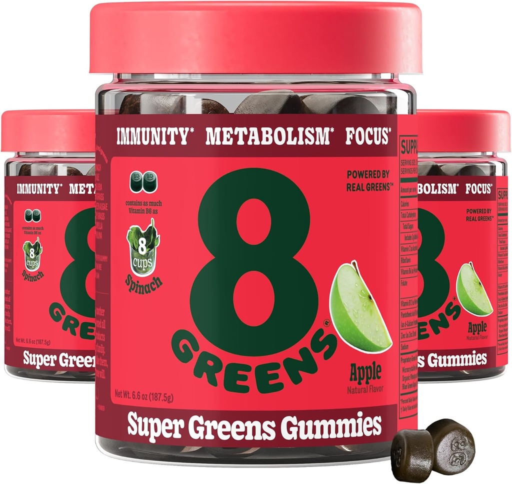 8Greens Supergreens Gummies | Super Greens Powder Superfood Gummy für Stoffwechsel, Immunität & Fokus, Verdauungs-Gesundheitsenzyme, Organisch: Chlorella, Spirulina, Aloe Vera, Apple Flavor, 150 Count