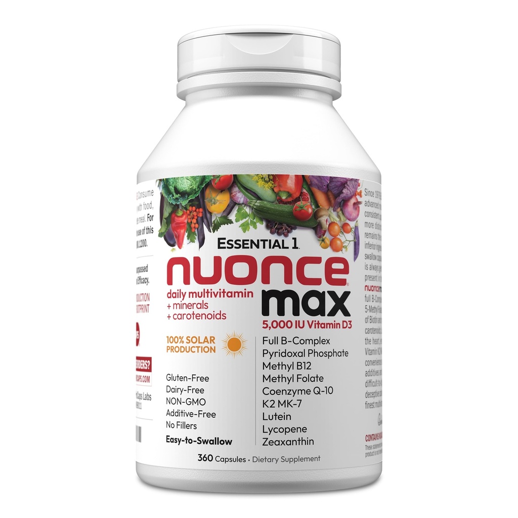 ANDREW LESSMAN Essential-1 nuonce max Multivitamin 5000 IU Vitamin D3 360 Small Capsules. 100 mcg Methyl B12. CoQ10 Lutein Lycopen Zeaxanthin. Hohe Potenz. Keine Zusatzstoffe. Ultra-Mild One Tageskapsel