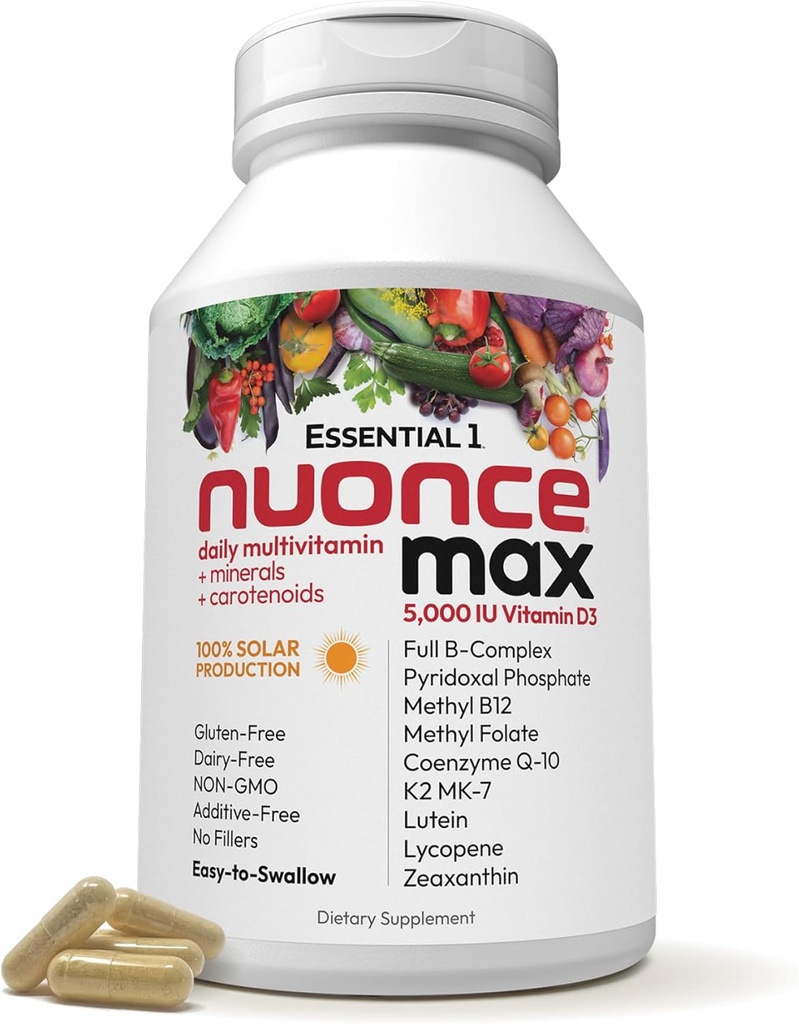 ANDREW MOINSMAN Essential-1 nuonce max Multivitamine 5000 UI Vitamine D3 360 Petites Capsules. 100 mcg Méthyl B12. CoQ10 Lutéine Lycopène Zeaxanthin. Haute puissance. Pas d'additifs. Une gélule quotidienne ultra-mince