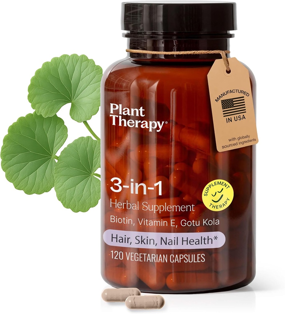 Pflanzentherapie 3-in-1 Biotin Kapseln mit Vitamin E & Gotu Kola Hergestellt in den USA 4 Monat Versorgung unterstützt Radiant Haut, Haarwachstum und starke Nägel Beilagen für Frauen 120 Vegetarische Kapsel