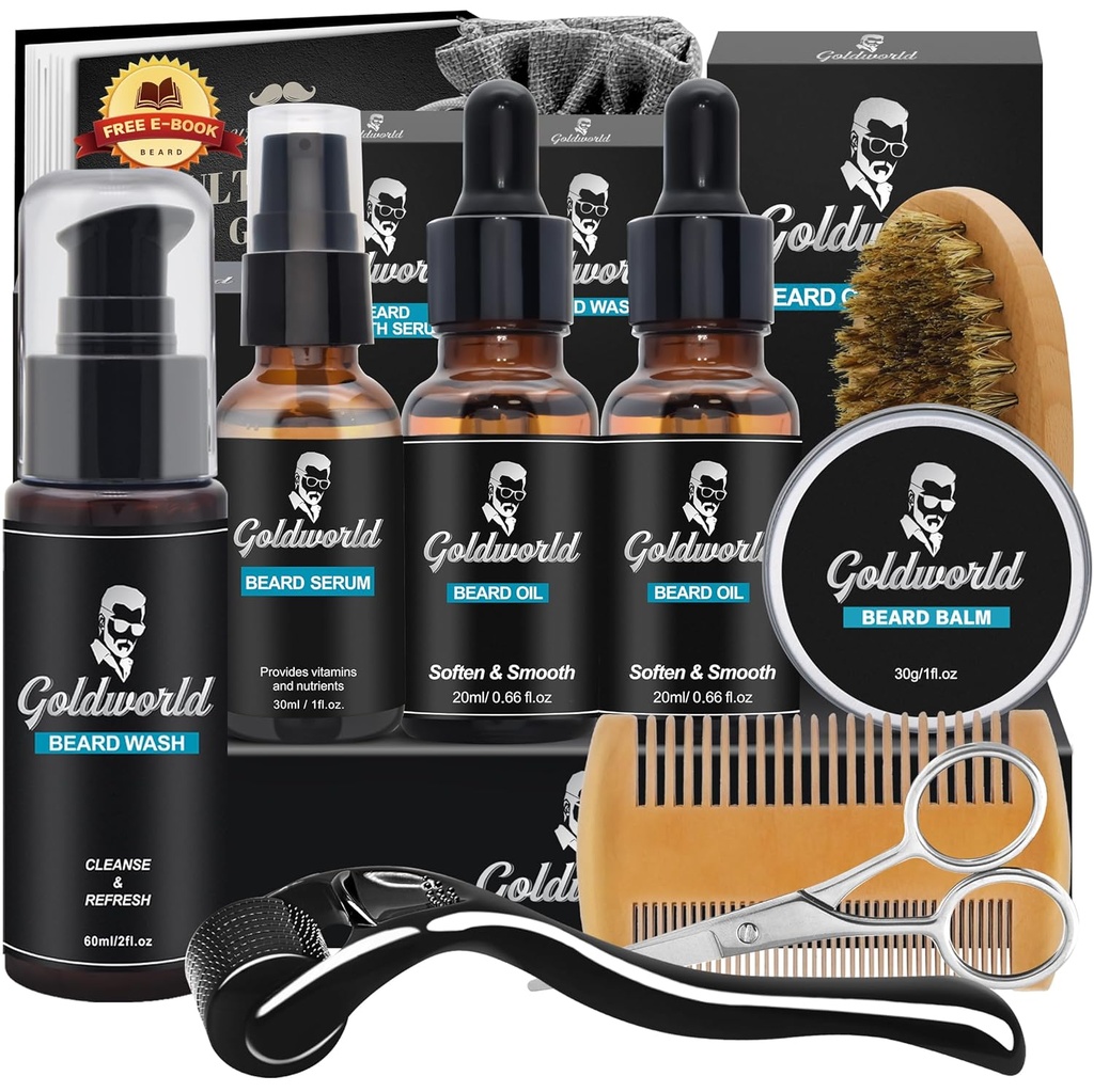 Bart Kit, Bart Grooming Kit w/Beard Wash/Shampoo,2 Packs Bartöl, Bart Balm, Bart Wash,Brush,Comb,Scissor,Storage Tasche,E-Book, Bart Care&Trimming Kit