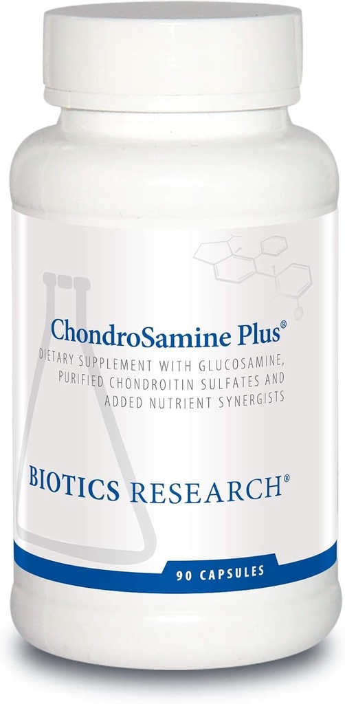 Recherche en biotique ChondroSamine Plus Glucosamine Plus Chondroitine, MSM, Vitamines et Minéraux, Soutien des tissus articulaires et conjonctifs, Santé et facilité de mouvement. 90 gélules