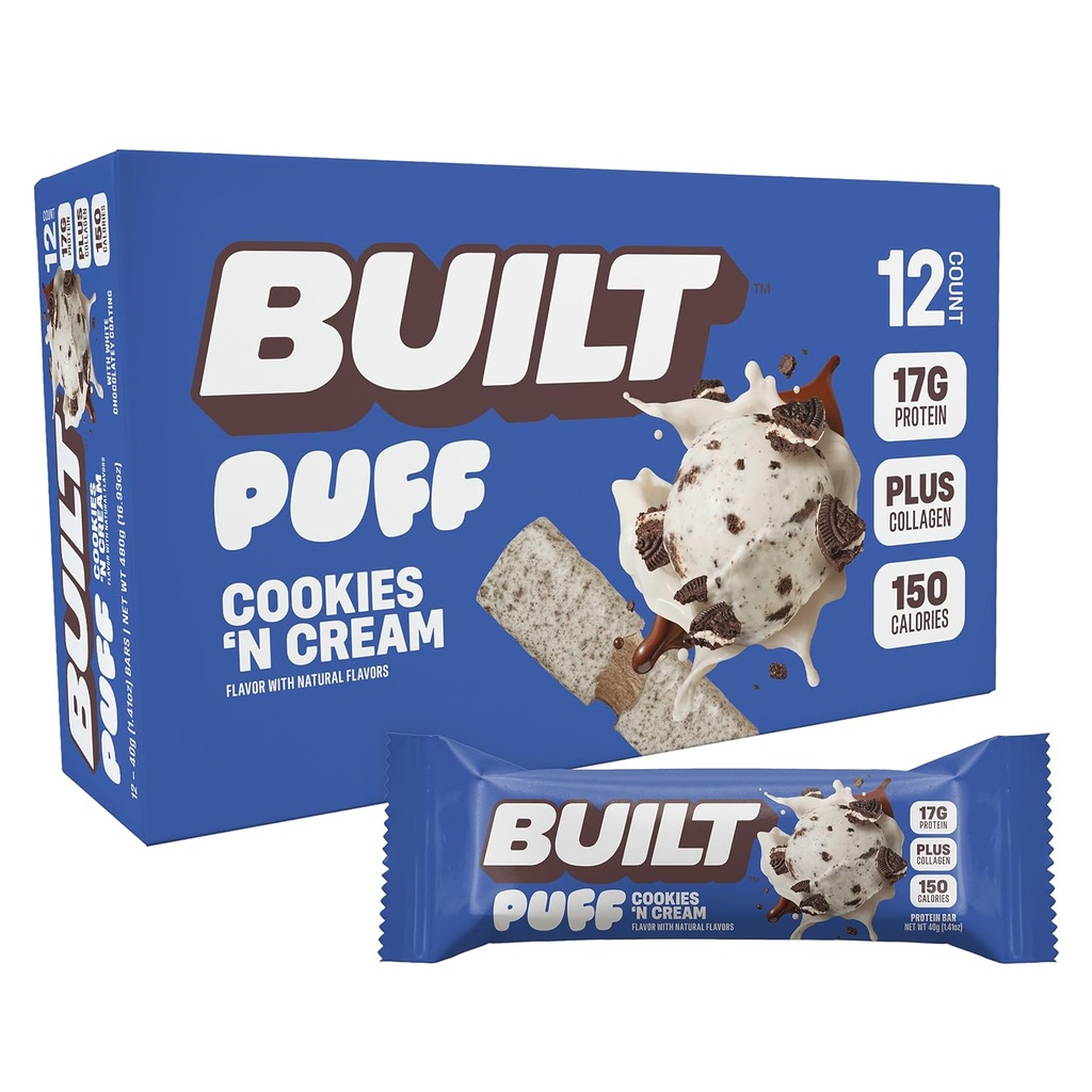 Erbaute Bar, Puff Protein Bars, Cookies 'N Cream Puff, 17g Protein Snacks, On-The-Go Bars, Nur 140 Kalorien, 7g Zucker, Kollagen, Nicht Glutenfrei, 12 Zähler