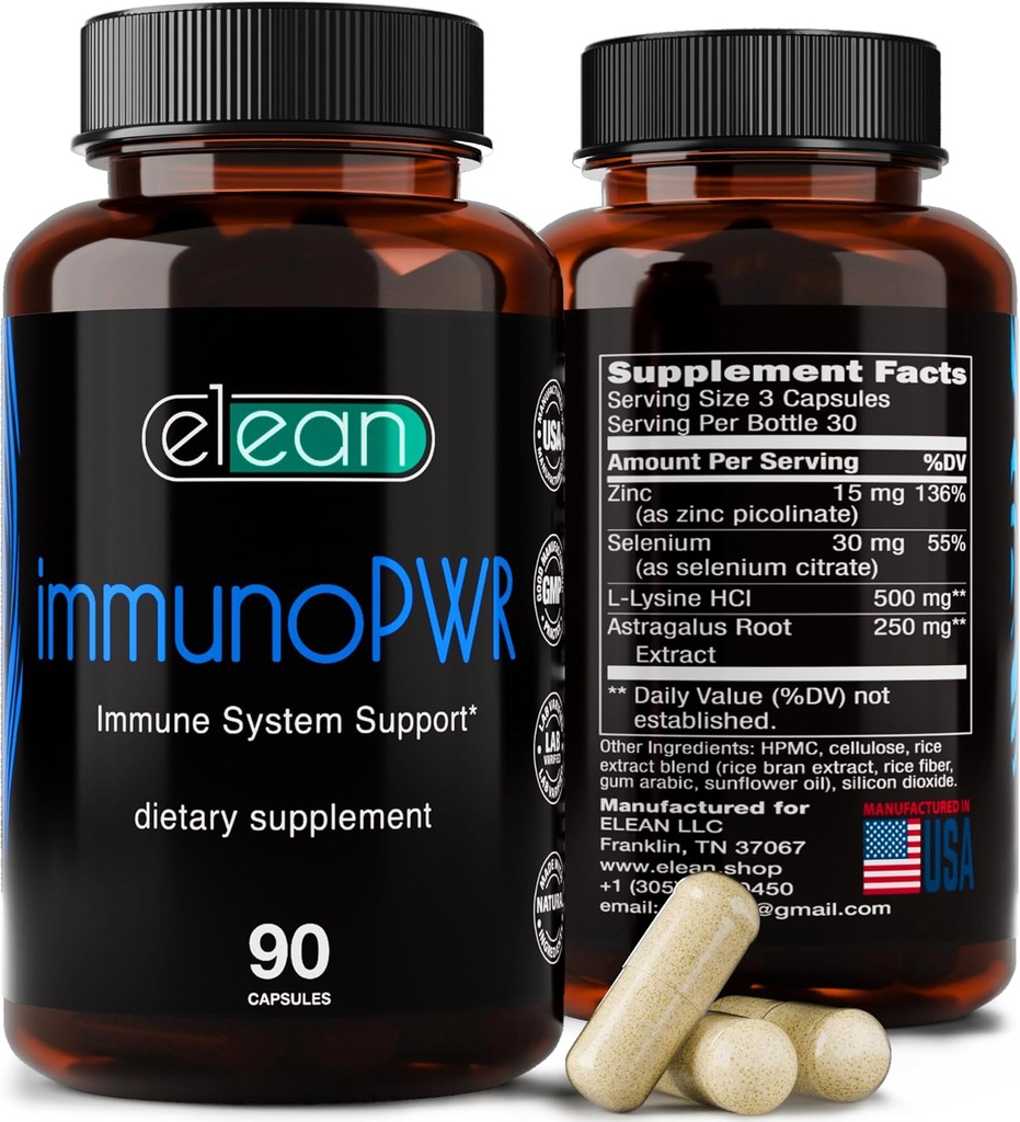 ELEAN Immuno PWR- angereichert mit Zink, Selen, Aminosäure Lysin und Astragalus Wurzelextrakt für Kollagensynthese, Schilddrüsengesundheit, Mineralische Unterstützung, Energie und Immungesundheit 90 Veg Kapseln.