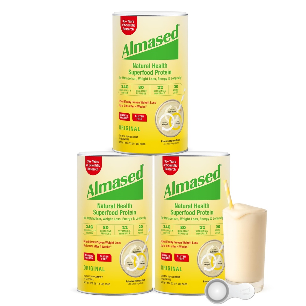 Almased Protein Pulver für Weight Loss Kit für Männer & Frauen, Natural Meal Ersatz Shake für Weight Loss, Supplement, 27 Gramm Protein Per Serving (Original Flavor, 3 Cans @ 17.6 oz ea + Scoop)