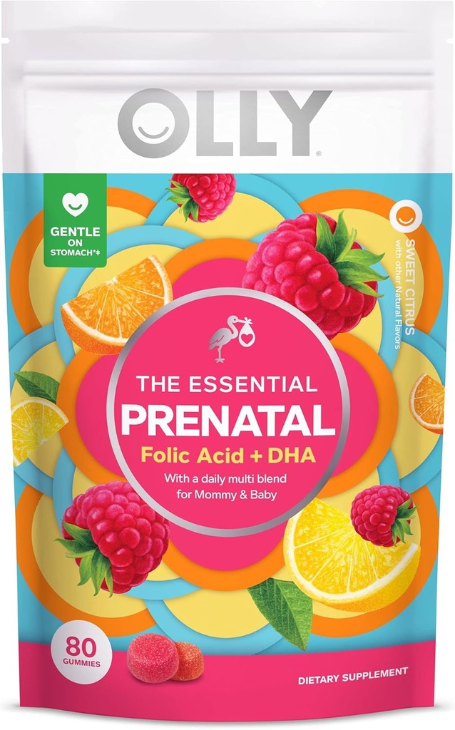 OLLY Prenatal Multivitamin Gummy, unterstützt gesundes Wachstum und Gehirnentwicklung, Folsäure, Vitamin D, Omega 3 DHA, Kaubare Ergänzung, Citrus Berry Flavor, 40-Day Supply - 80 Count Pouch