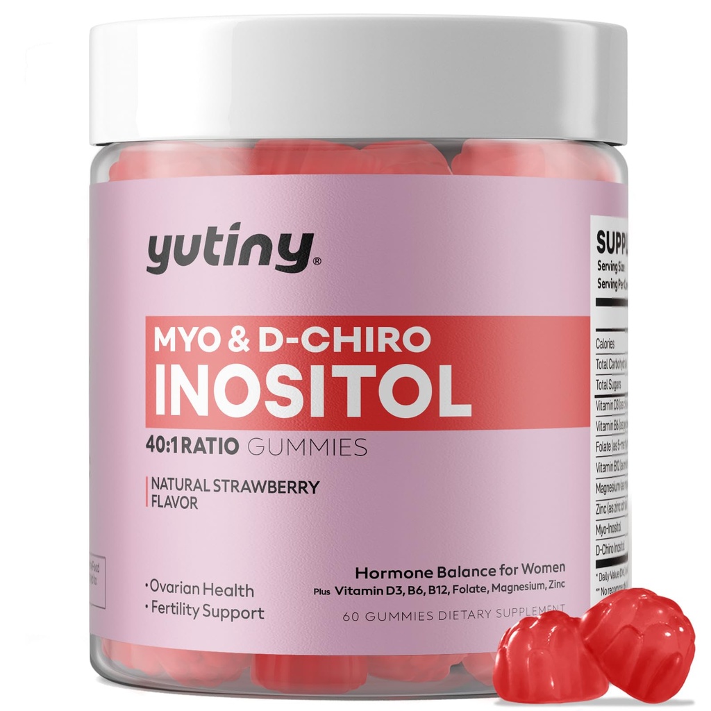 Myo-Inositol et D-Chiro Inositol Gummies, vitamine B6 B12 et folate pour les femmes, végétalien, sans sucre, saveur de fraise, 60 comte