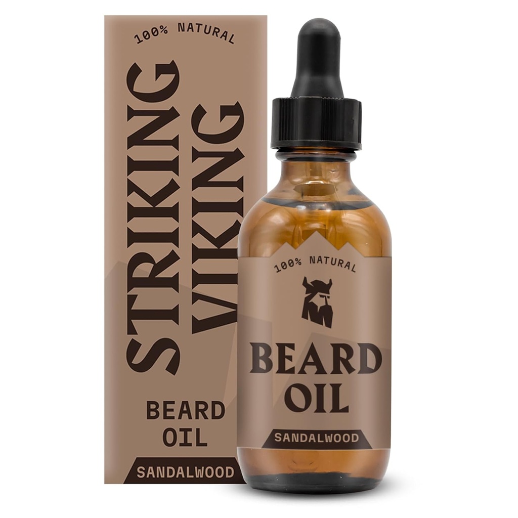 Striking Wikinger Sandalwood Bartöl für Herren - 2 Fl Oz, Sandalwood Duft - Natürliche Hydrating & Erweichende Bartpflege mit Argan, Jojoba, Mandel & Teebaum - Nicht fett, schnell absorbierende Formel