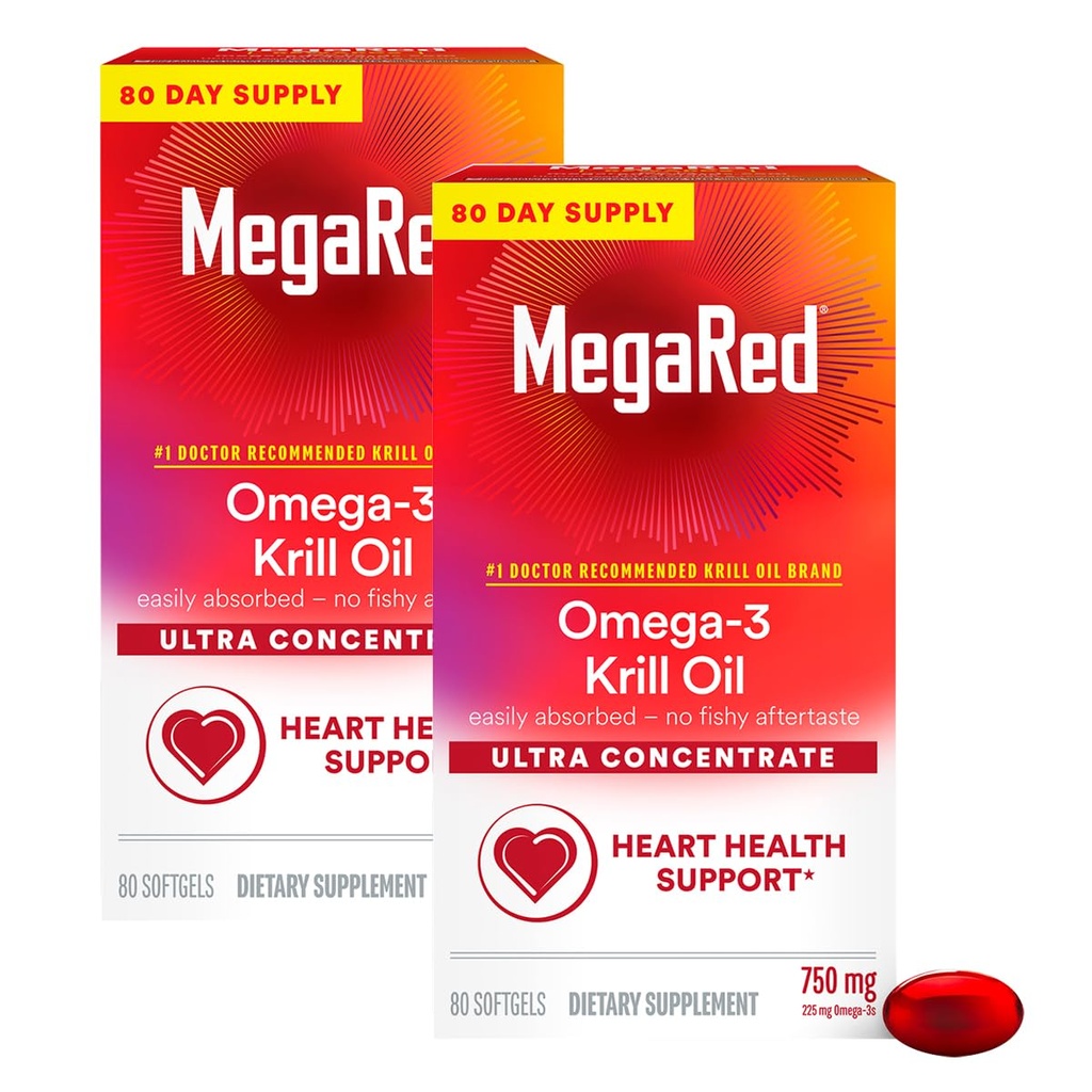 MegaRed Ultra Concentrate 750mg Omega-3 Krill Öl-Fettsäure-Ergänzung mit EPA/DHA, Antioxidant Astaxanthin, Kein Fischöl Nachgeschmack unterstützt Herzgesundheit, 80 Count Softgels (2 Pack)