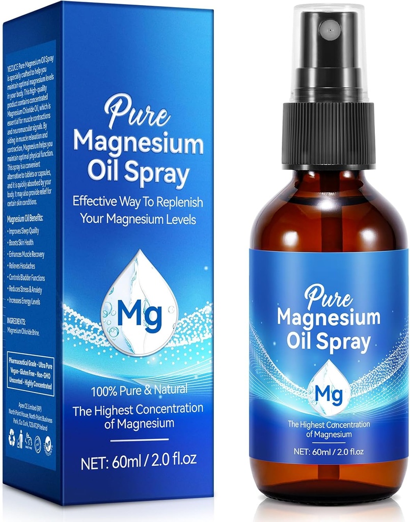Magnesium Spray 2 Fl Oz, Magnesiumöl für Füße, Körper, Schlaf, Haut, Muskelentspannung, 100% reines natürliches topisches Magnesiumöl Spray, leicht zu absorbieren