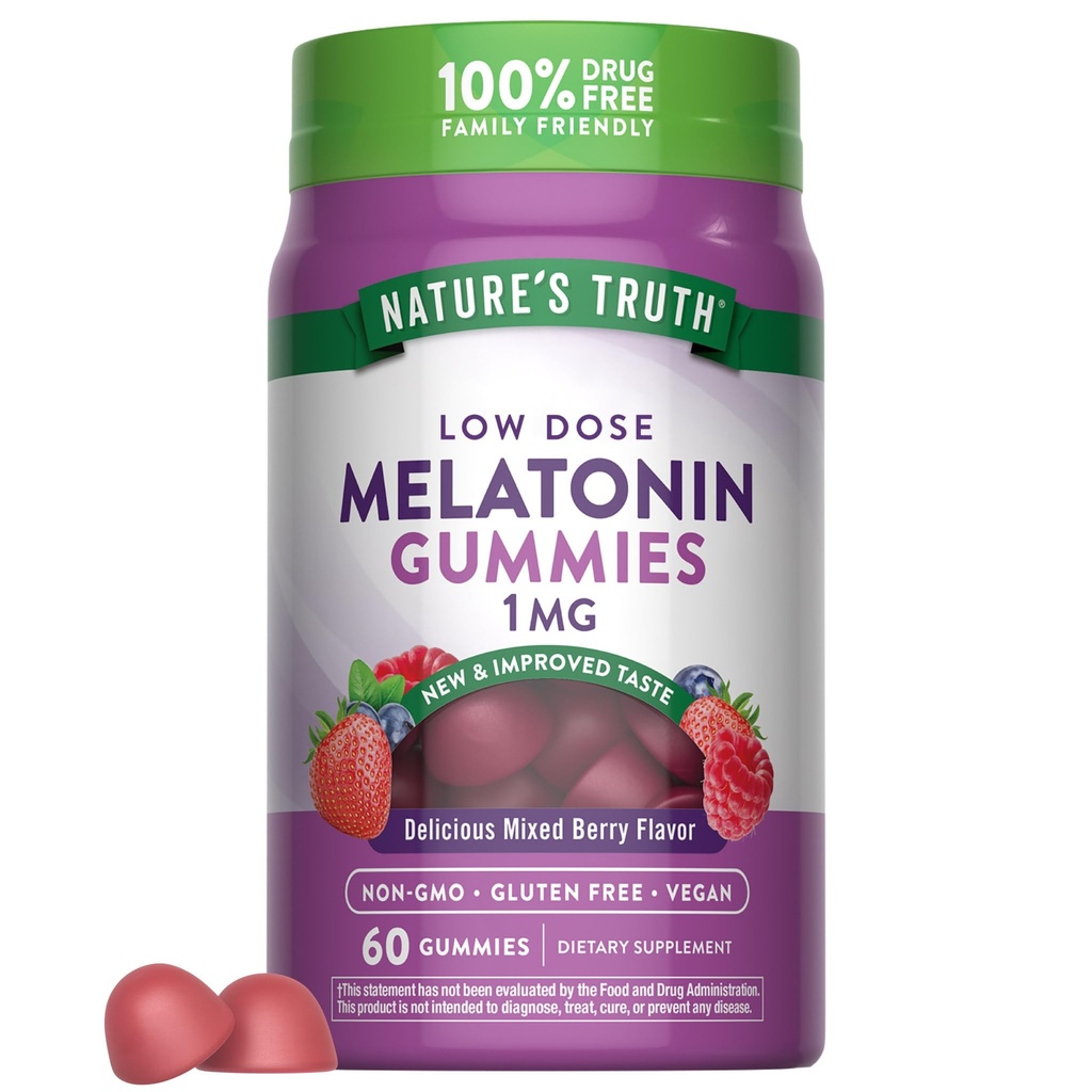 Nature's Truth Melatonin Gummies | 1mg | 60 Count | Cherry Pomegranate Flavor | Vegan, Non-GMO & Gluten Kostenlose Ergänzung
