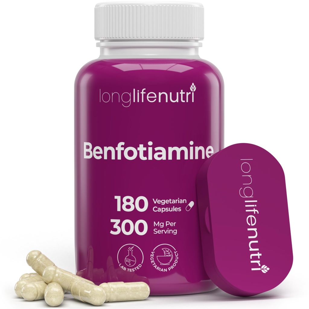 LongLifeNutri Benfotiamine 300mg – 180 Capsules végétariennes, 6 mois d'approvisionnement, Fat-Soluble B1 Supplément de Thiamine pour l'énergie et le bien-être, Lab testé, Fabriqué aux États-Unis