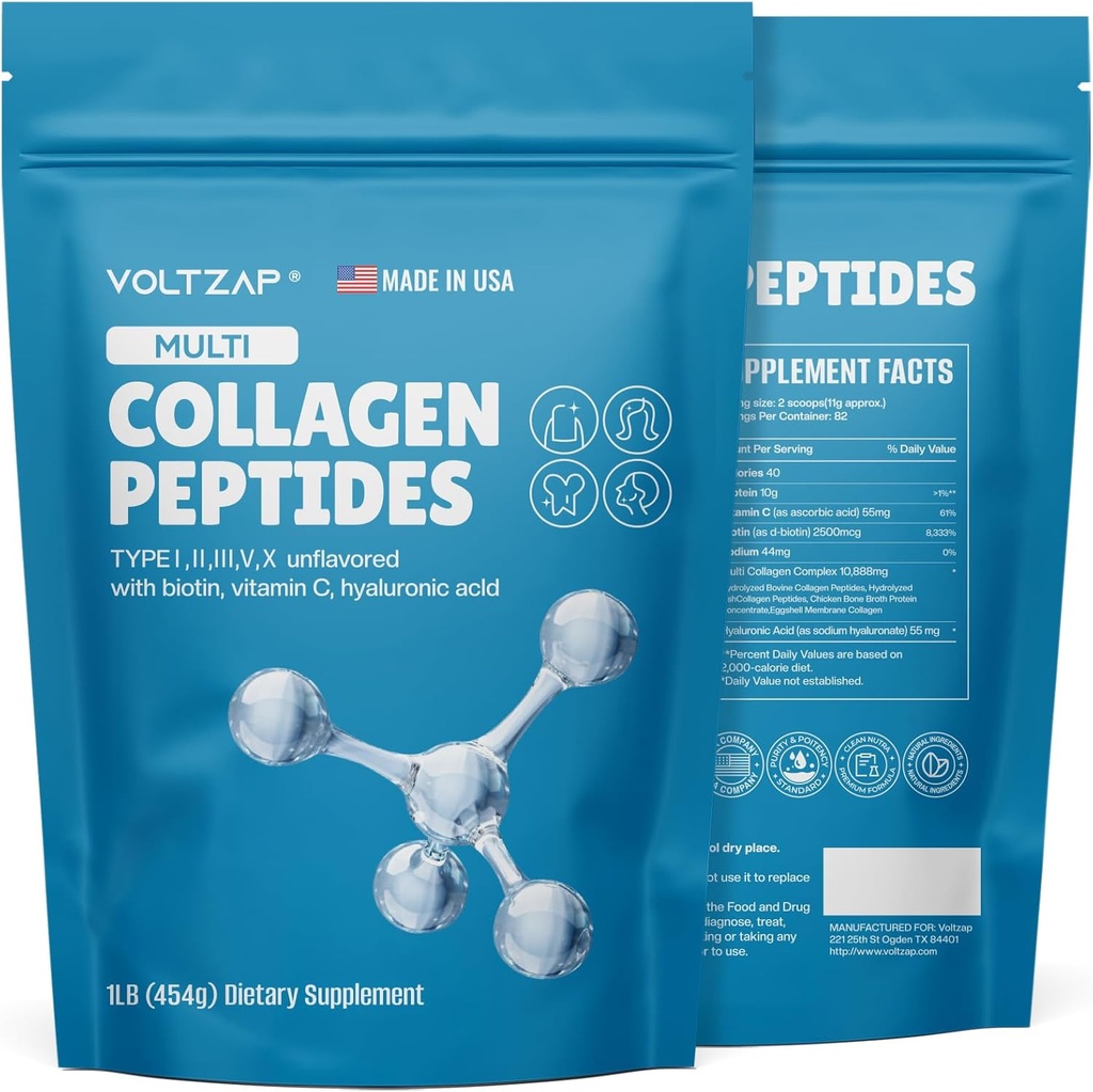 Multi Collagen Peptide Pulver, Typ I,II,III,V,X, Biotin & Vitamin C, Natürliche Ergänzung für gesunde Haut, Haar, Nägel, Gelenke - Unflavored