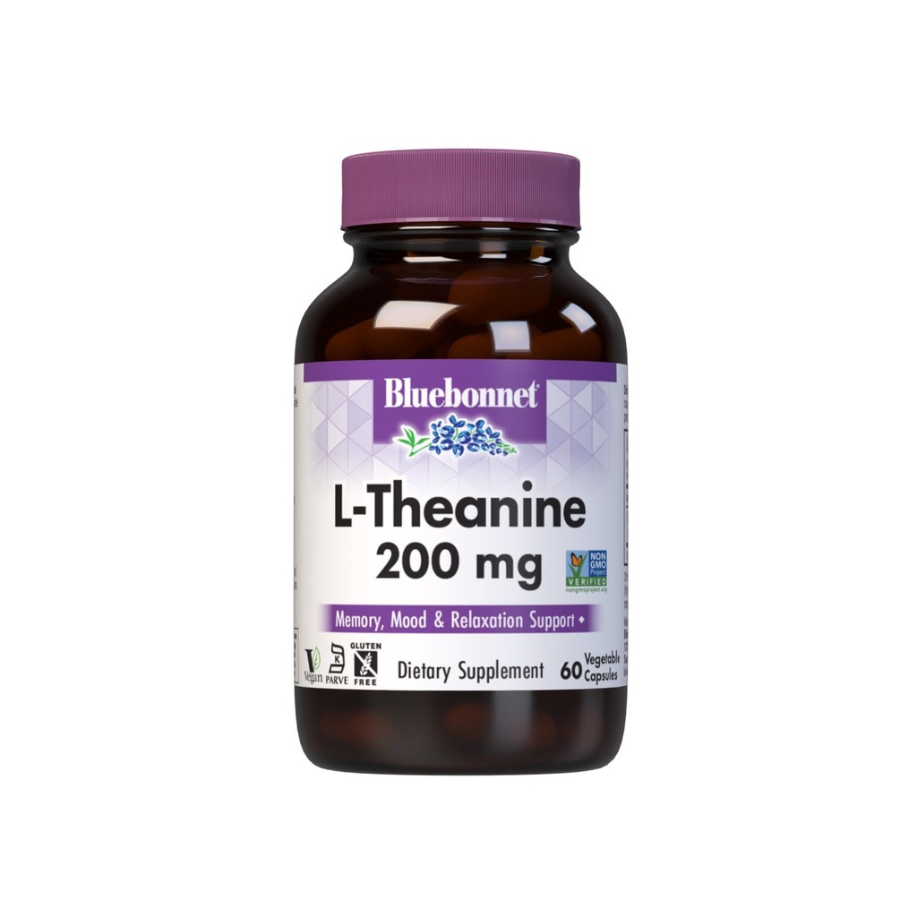 Bluebonnet Nutrition L-Theanin 200mg, freie Aminosäure, fördert Entspannung*, Sojafrei, Glutenfrei, Nicht-GVO, koscher zertifiziert, vegan, 60 Gemüsekapseln, 60 Portionen