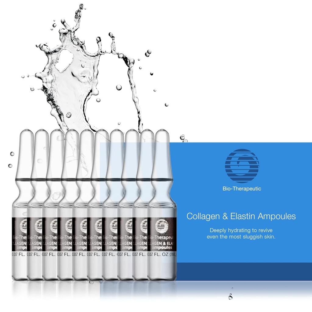 Collagène bio-thérapeutique et ampoules d'élastine, hydrates et fermes concentrés de sérum facial Tous les types de peau avec formule à base d'eau douce et réparatrice - 10 flacons de verre