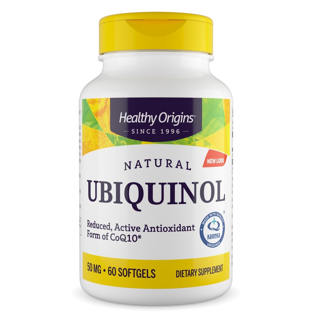 Origines saines Ubiquinol (forme active du CoQ10), 50 mg - Suppléments Ubiquinol Kaneka pour la santé cardiaque et le soutien antioxydant - Supplément sans gluten et sans OGM - 60 Softgels