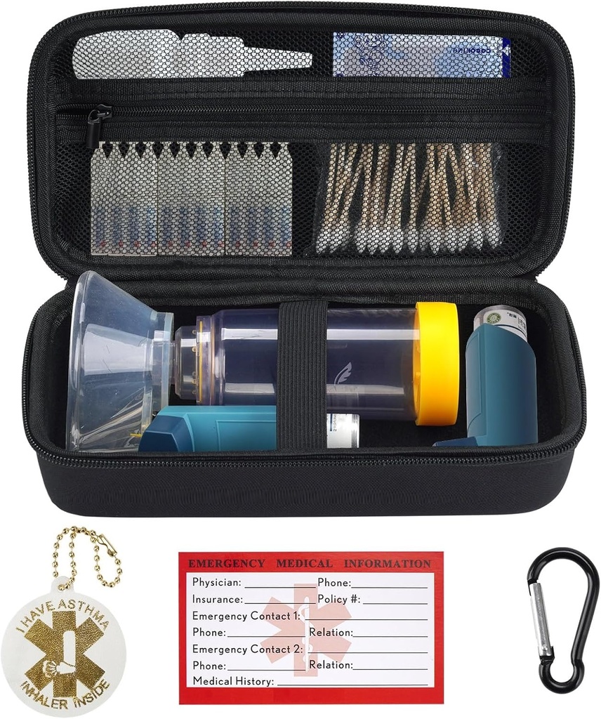 YouKnow Travel Carrying Case für Asthma Inhaler, Inhalator Spacer für Erwachsene und Kinder, Maske, Inhalator Holder mit Asthma Warning Label und Medical Card, mit Carabiner (Sache Only) (Schwarz)
