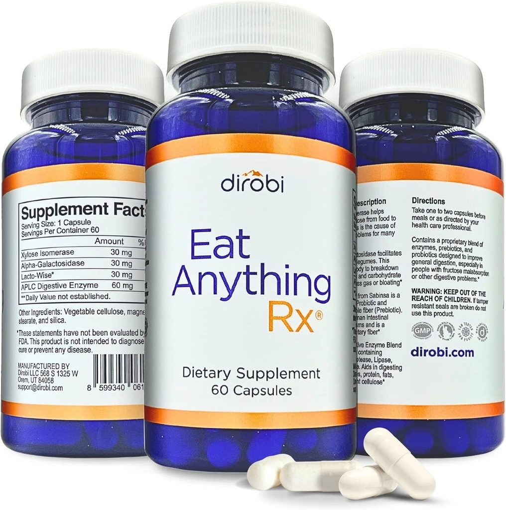 Dirobi Essen Alles Xylose Isomerase Fructose Malabsorption Enzyme, FODMAP-Ergänzung, Verdauungsenzyme für bessere Lactose, Fett, Protein & Kohlenhydrat Digestion Gas & Bloating Relief 60 Kapseln