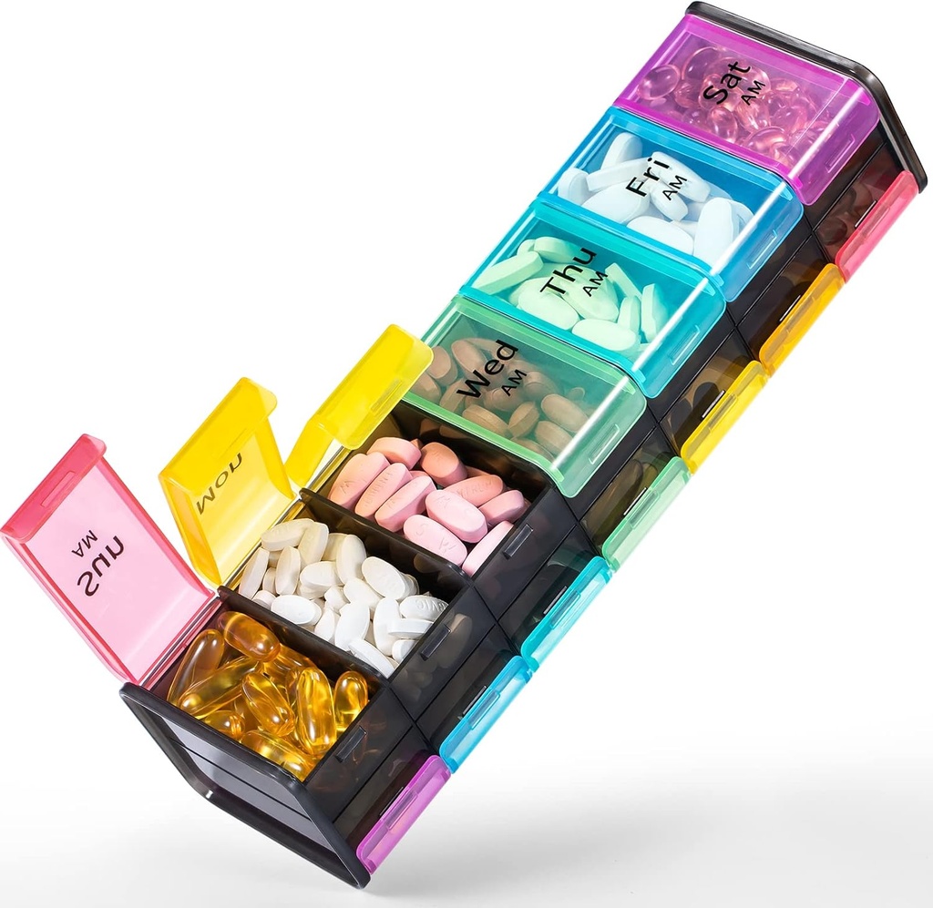 Extra große wöchentliche Pille Organizer 2 Mal pro Tag - Betife 7 Tage Pille Box, PM Pille Case mit Doppelschicht Jumbo Kompartment für Pillen, Vitamin, Fischöl, Beilagen (Rainbow)