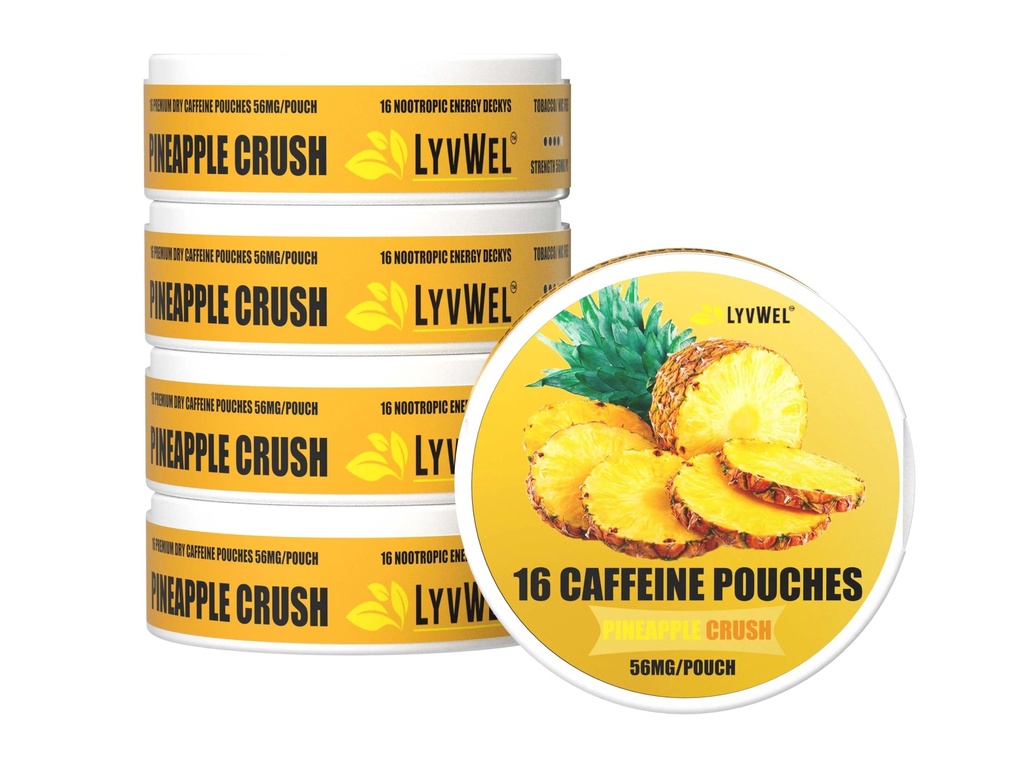 LyvWel 56mg Caffeine Energy Pouches – Ananas – Clean Energy & Focus Boost mit Guarana – 5-Pack mit 16 Pouches Per Can (80 Total Pouches)