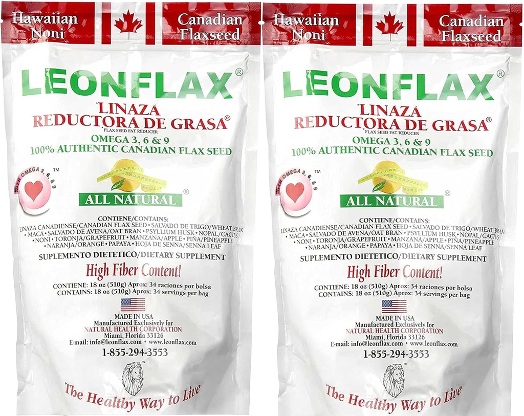 Leonflax 100% authentique en poudre de lin canadien, tout naturel, haute teneur en fibres, supplément alimentaire pour améliorer votre santé digestive, Omega 3, 6 et 9, 18 Oz, sac (1) (2)
