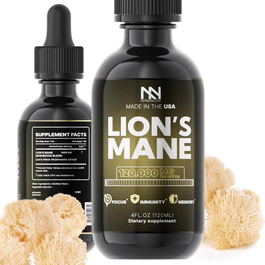 Lions Mane Mushroom Supplement - Bio Lions Mane Extrakt für Gehirn Gesundheit, Gedächtnis, Fokus und Immununterstützung - Nootropic Vegan Liquid Tincture - Made in USA - 4 Fl Oz