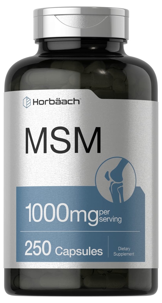 Horbäach MSM Supplement Capsules de 1000mg de 250 Count de 250 sans OGM et sans gluten Formule de méthylsulfonylméthane