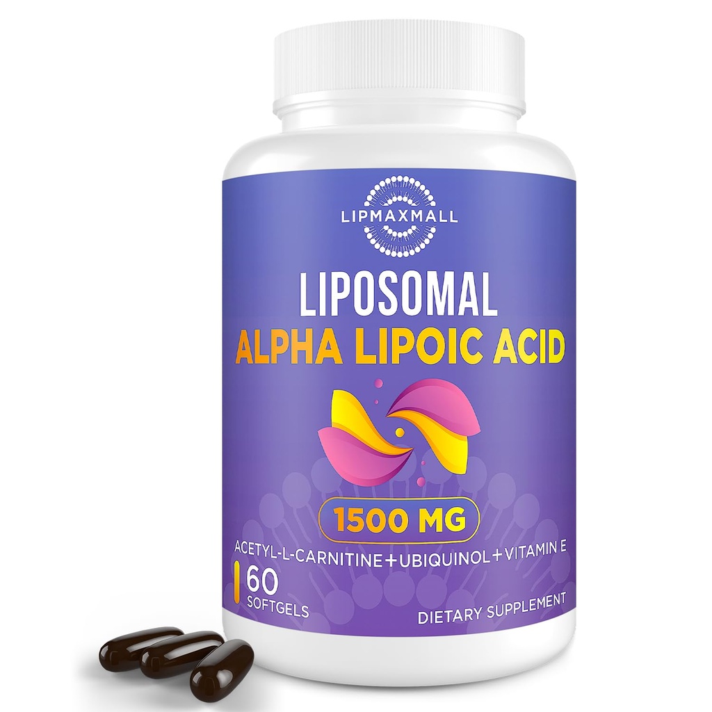 Liposomale Alpha Liponsäure 1500mg mit Acetyl-L-Carnitin 900mg& Ubiquinol 100mg& Vitamin E 15mg,ALA Ergänzung für Antioxidantien Glucose Metabolismus Nerve Energy Cardiovascular,60 Softgels