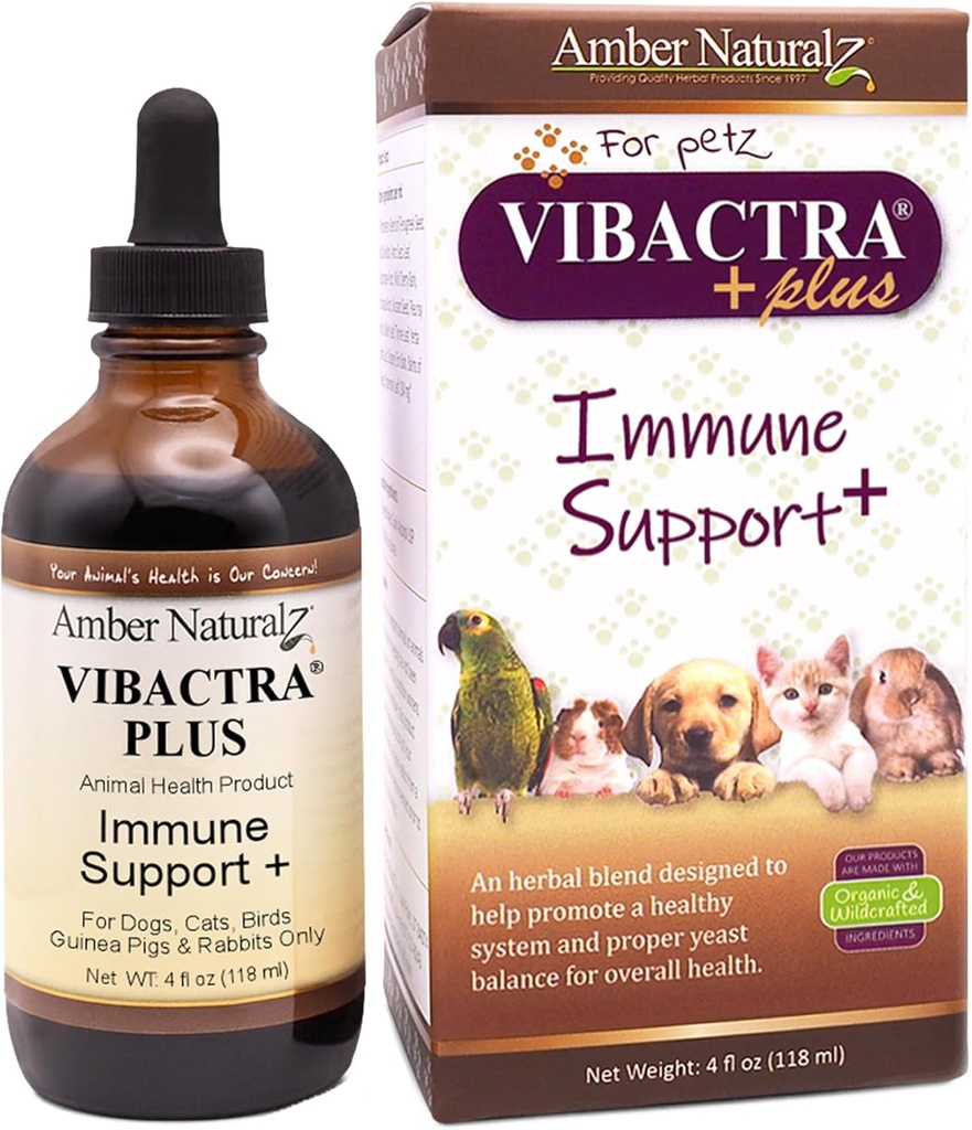 Amber NaturalZ Vibactra Plus Kräuterergänzung für Hunde, Katzen, Vögel, Guinea-Pigs, und Kaninchen | Kräuter für Immun-Gesundheit und Hefe Balance | 4 flüssige Unze Glasflasche
