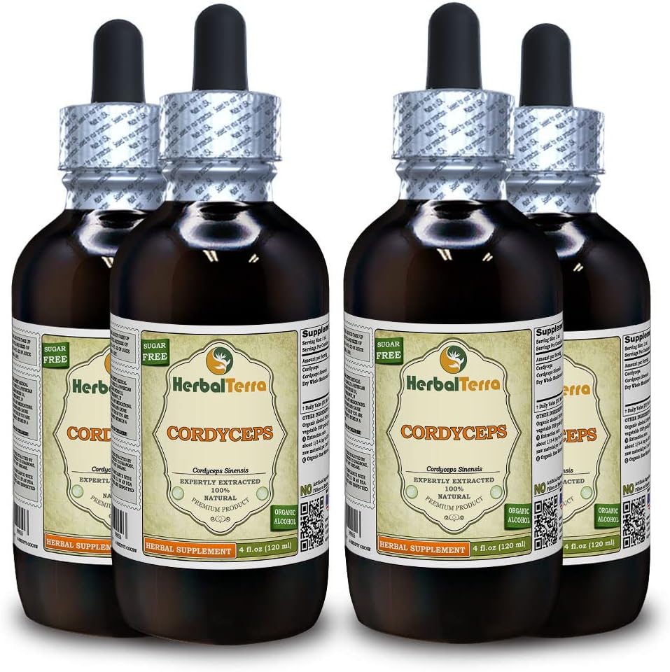 Cordyceps (Cordyceps Sinensis) Tincture, Organic Dried Mushroom Powder Liquid Extract (Markenname: HerbalTerra, Proudly Made in USA) 4x4 fl.oz (4x120 ml)
