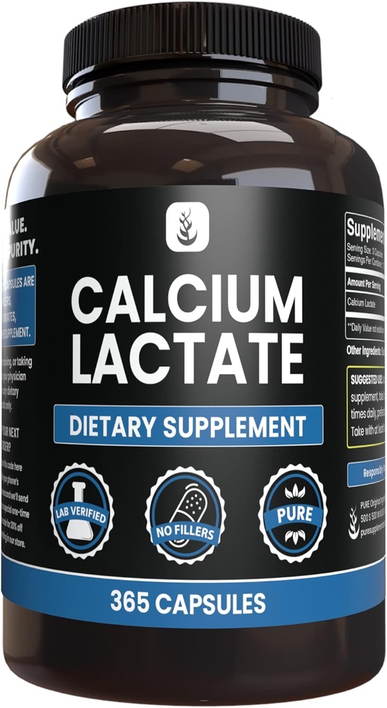 Reine Original Zutaten Calcium Lactat (365 Kapseln) Keine Magnesium- oder Reisfüller, Immer rein, Lab Verifiziert