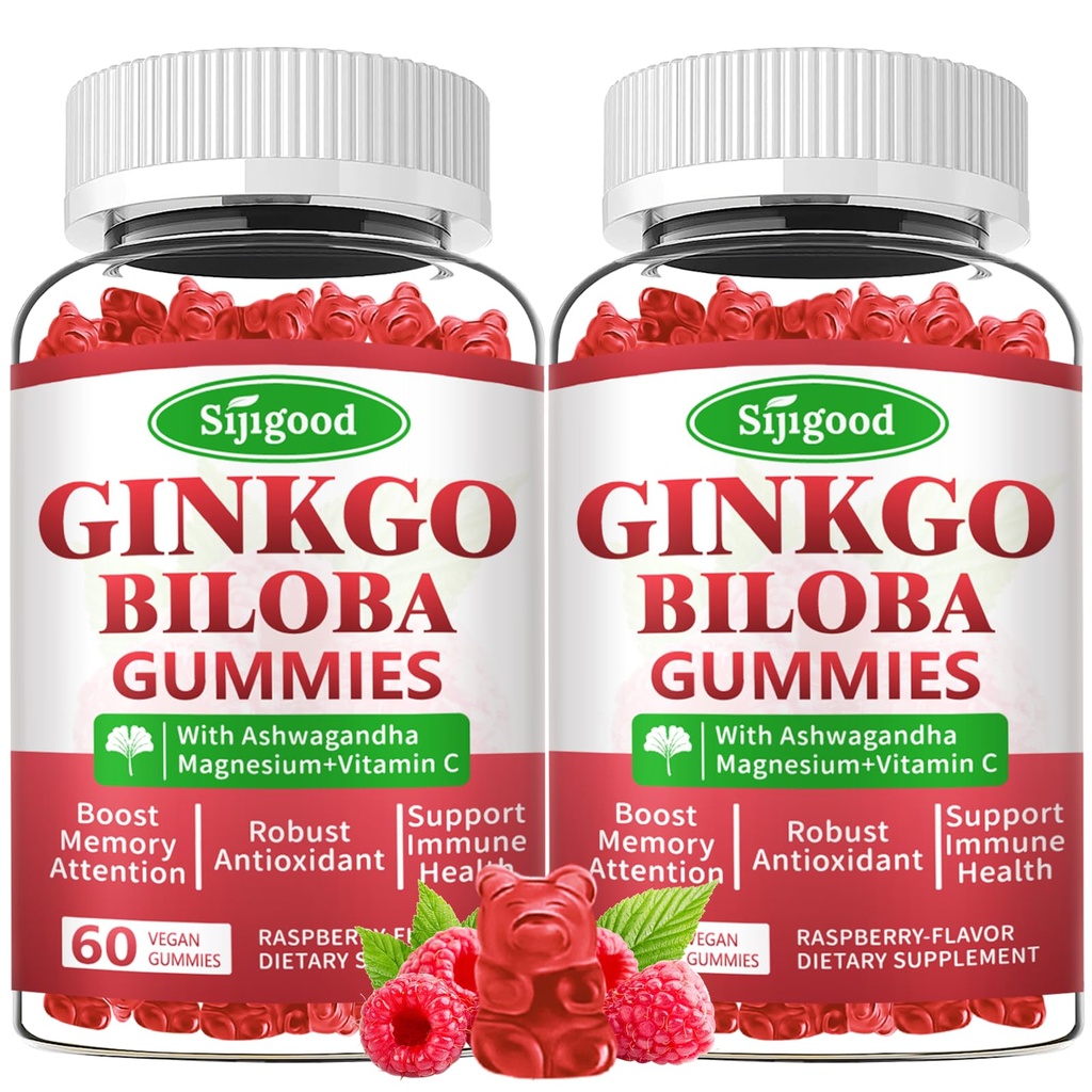 2 Pack Ginkgo Biloba Gummis mit Panax Ginseng und Magnesium, Ginkgo Biloba Ergänzungen für Fokus, Gedächtnis und Gehirn Gesundheit für Erwachsene & Kinder, Vegan Himbeer Flavor Gummis, 120 Zähler