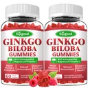 2 Pack Ginkgo Biloba Gummis mit Panax Ginseng und Magnesium, Ginkgo Biloba Ergänzungen für Fokus, Gedächtnis und Gehirn Gesundheit für Erwachsene & Kinder, Vegan Himbeer Flavor Gummis, 120 Zähler