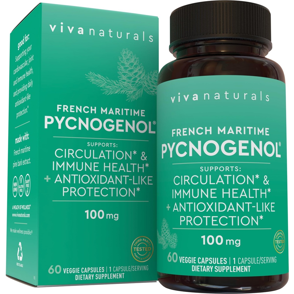 Viva Naturals Pycnogenol - 100mg French Maritime Pine Bark Extract – Unterstützt Zirkulation, Antioxidant-Like Aktivität, Gelenke & Immune Gesundheit und Funktion – 60 Veggie Kapseln