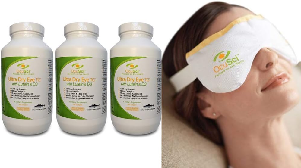 Formuliert für trockene Augen mit Triglycerid Ultra Pure Omega-3, Omega-7, Lutein und D3 und einer trockenen Augenkompresse