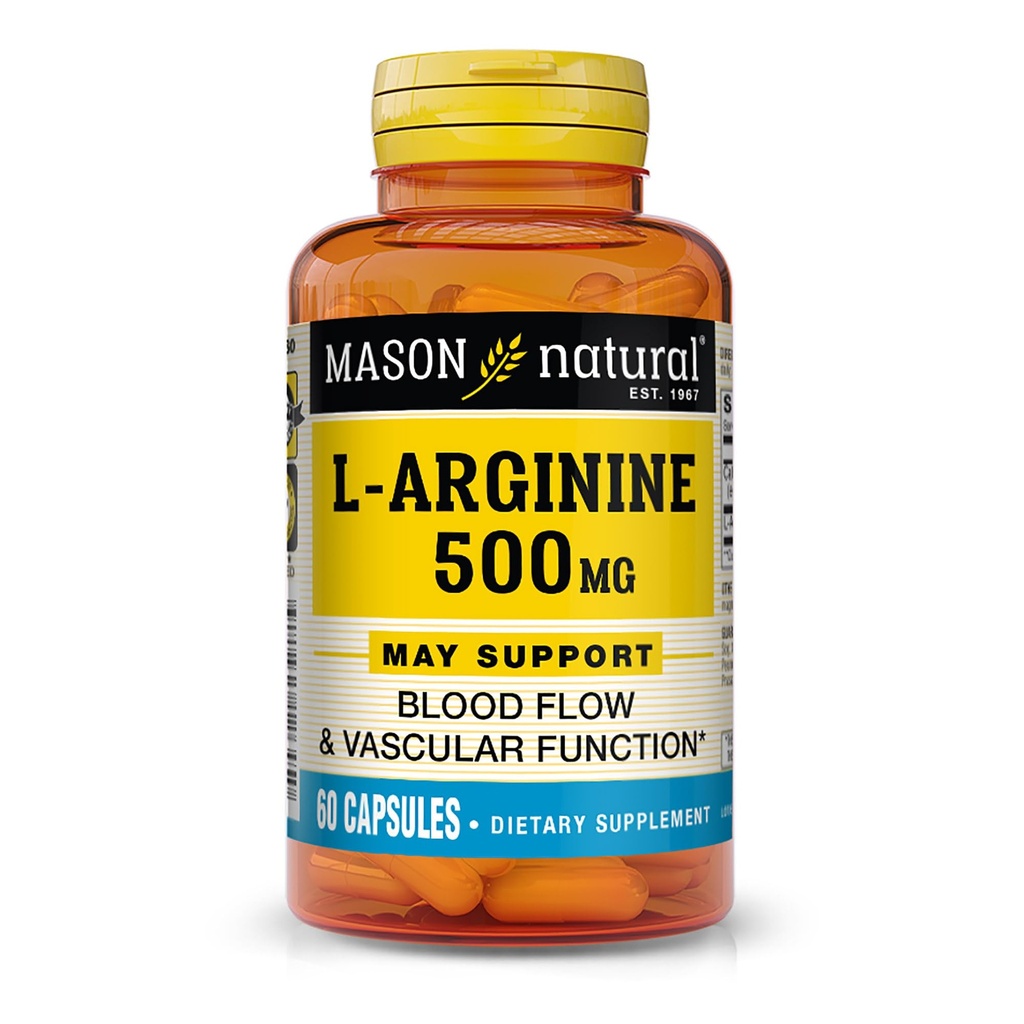 MASON NATURAL L-Arginin 500 mg mit Kalzium- Unterstützt gesunde Zirkulation & Vaskuläre Funktion, Stickstoffoxid-Ergänzung, 60 Kapseln
