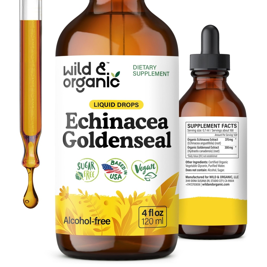 Teinture de Seaux d'Or d'Echinacea sauvage et biologique - gouttes de soutien immunitaire avec Echinacea et extrait de racine de Seal d'Or - Vegan, sucre et sans alcool - 4 fl oz